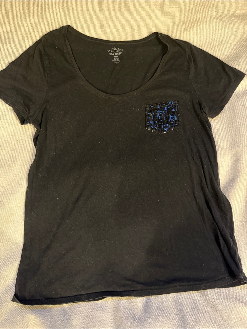 Old Navy Black Scoop Neck Tee with Black Sequin Pocket Accent